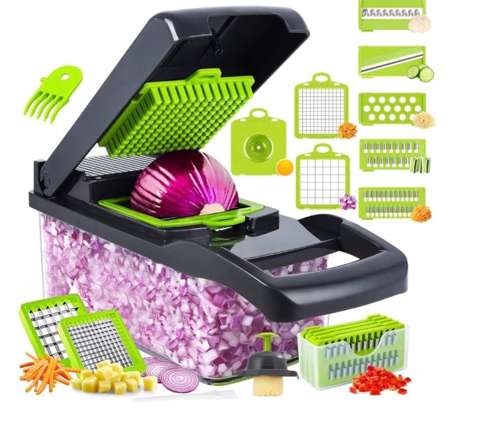 Vegetable Chopper,15-in-1 Multifunctional veggie chopper,Slicer, Dicer & Cutter for Kitchen–Food Processor with Container for Onion, Tomato,Potato, Fruits–Easy Clean & Storage (7 Blade)