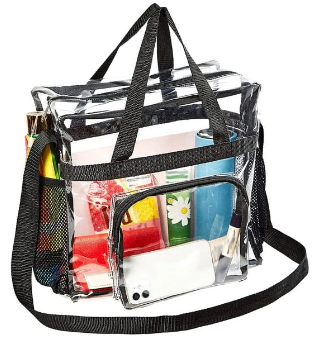 Ihvewuo Large Capacity Clear Tote Bag with Handle and Adjustable Strap Durable PVC Cross-Body Shoulder Bag Transparent Stadium Approved Gym Bag for Sports Games Work Concerts