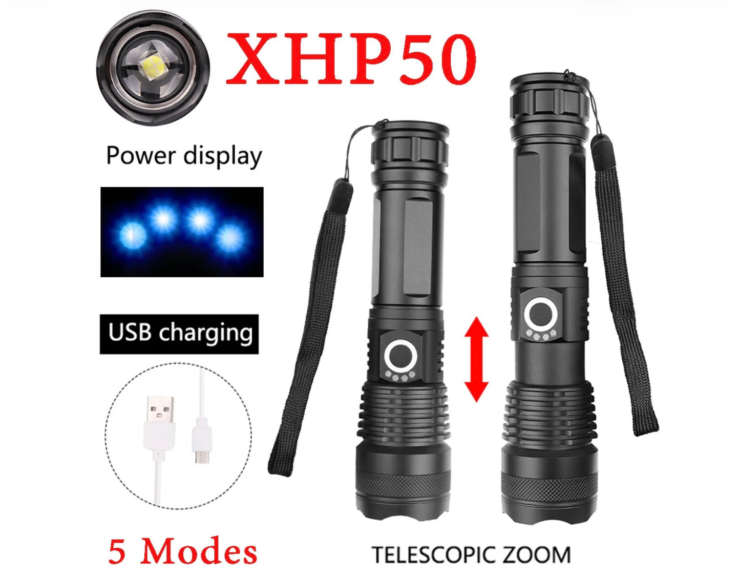 Bright XHP50 LED Flashlight USB Rechargeable Zoom Torch Light Outdoor Lamp