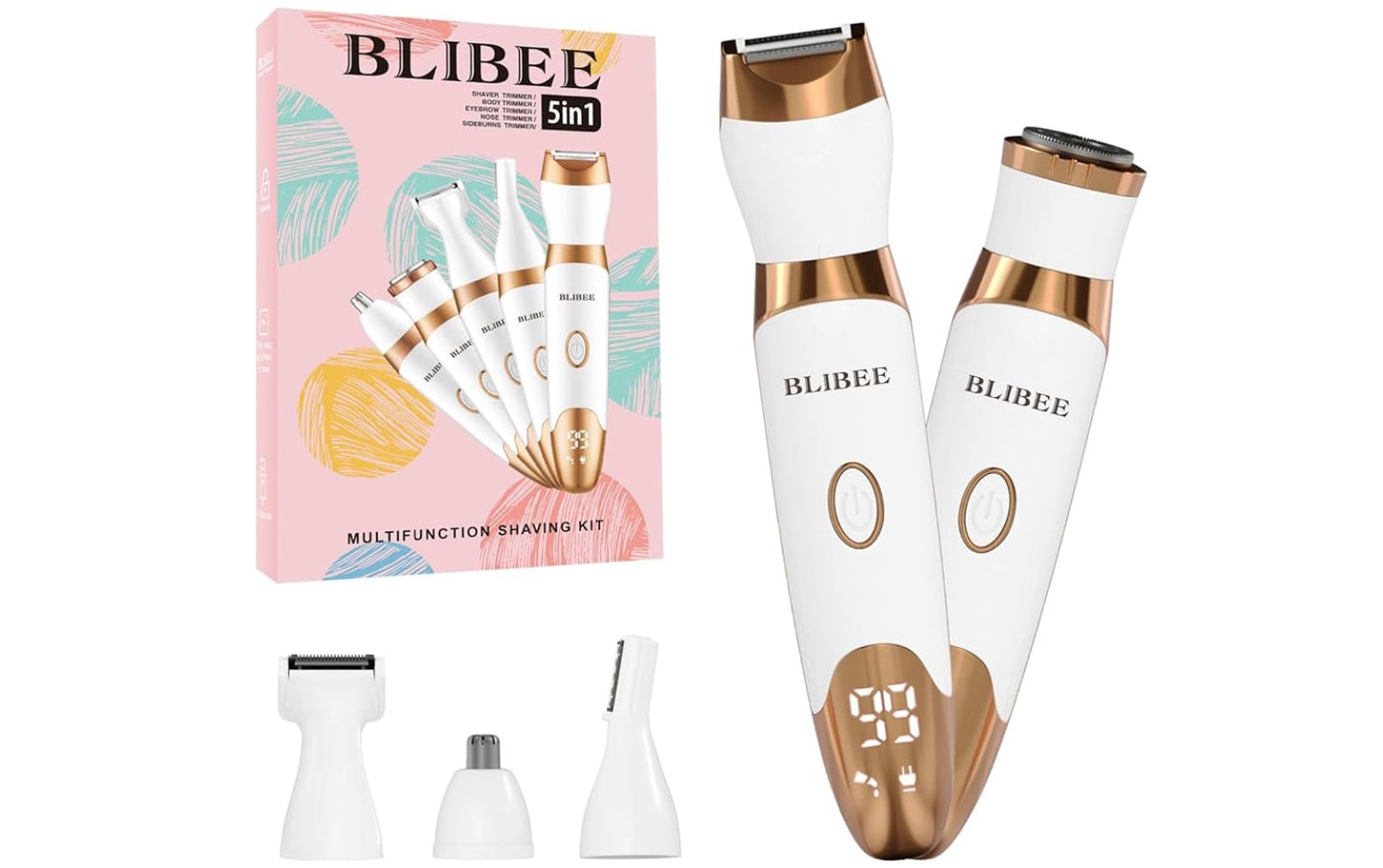Bikini Trimmer for Women, LED Display Electric Razors for Women, 5-in-1 Electric Shaver, Rechargeable Painless Pubic Hair Trimmer for Legs, Underarms, Face & Sensitive Skin (Gold)