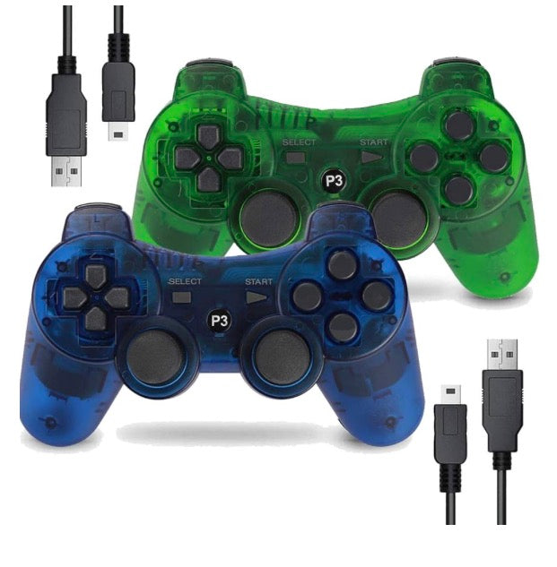 Wireless Controller for PS-3 Motion Sense Double Vibration Upgraded Gaming Remote for Play 3 with Charging Cord (Transparent Green and Transparent Blue)