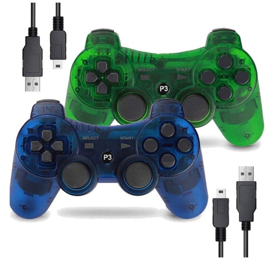 Wireless Controller for PS-3 Motion Sense Double Vibration Upgraded Gaming Remote for Play 3 with Charging Cord (Transparent Green and Transparent Blue)