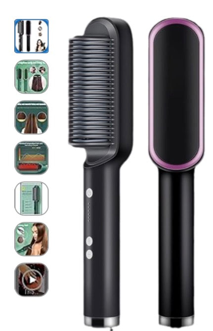 New Negative Ion Hairs Straightener Styling Comb With 5 Temp, 2 In 1 Hair Straightener Brush And Curler, Portable Electric Straightening Comb Heated Hair Brush 10s Fast Heating Anti-Scald (Black)