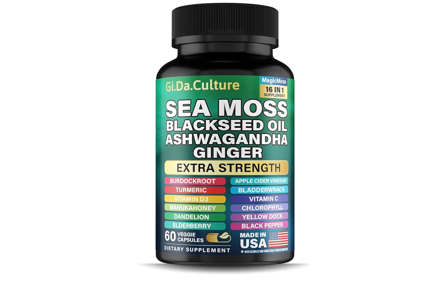 Organic Sea Moss Capsules - Organic Irish Sea Moss Black Seed Oil Ashwagandha Ginger Burdock Root Bladderwrack Turmeric Black Pepper Vitamin C, D3-60 Veggie Capsules for Men & Women