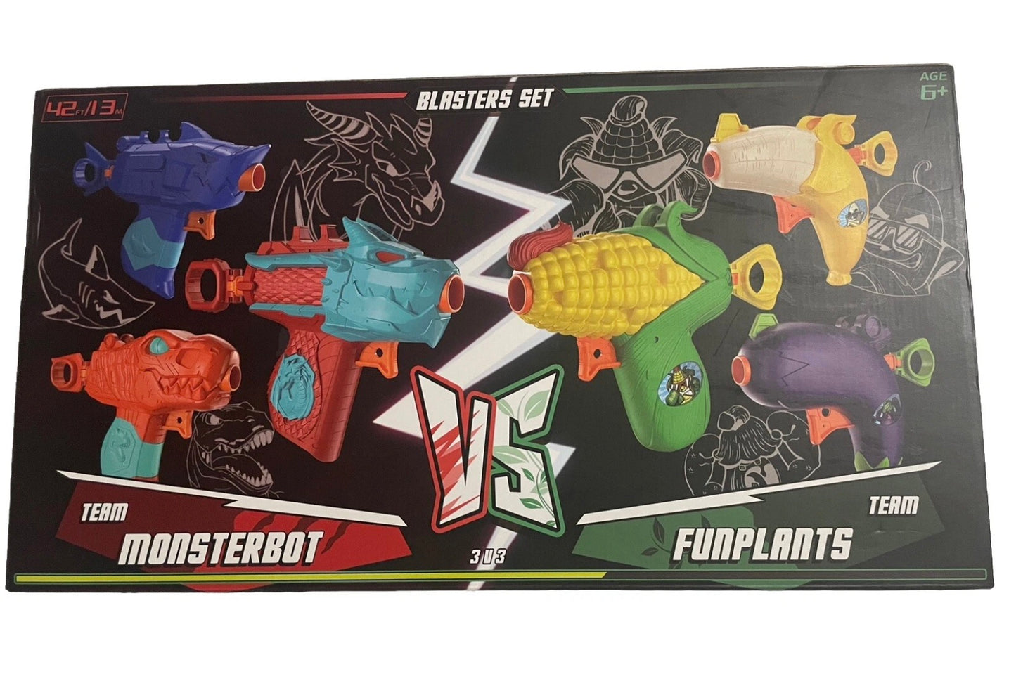 New Blaster Toy Gun Set with 20 Darts 2 Teams 6 guns Monsterbot VS Funplants