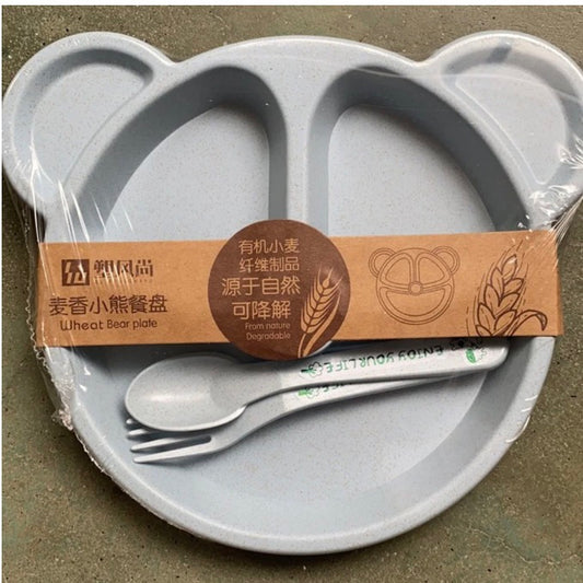 Cubs Children's Dinner Set Wheat Straw Creative Tableware Baby Dish Tray Breakfast Tray Addition Fork and Spoon Blue