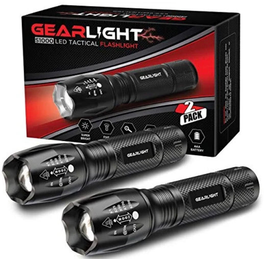 GearLight LED Flashlight Pack -2 Bright, Zoomable Tactical Flashlights with High Lumens and 5 Modes for Emergency and Outdoor Use -Camping Accessories -S1000