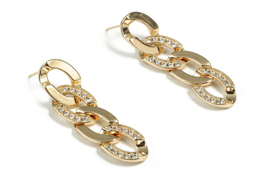 Brass Double Oval Earring Stud With Zircons