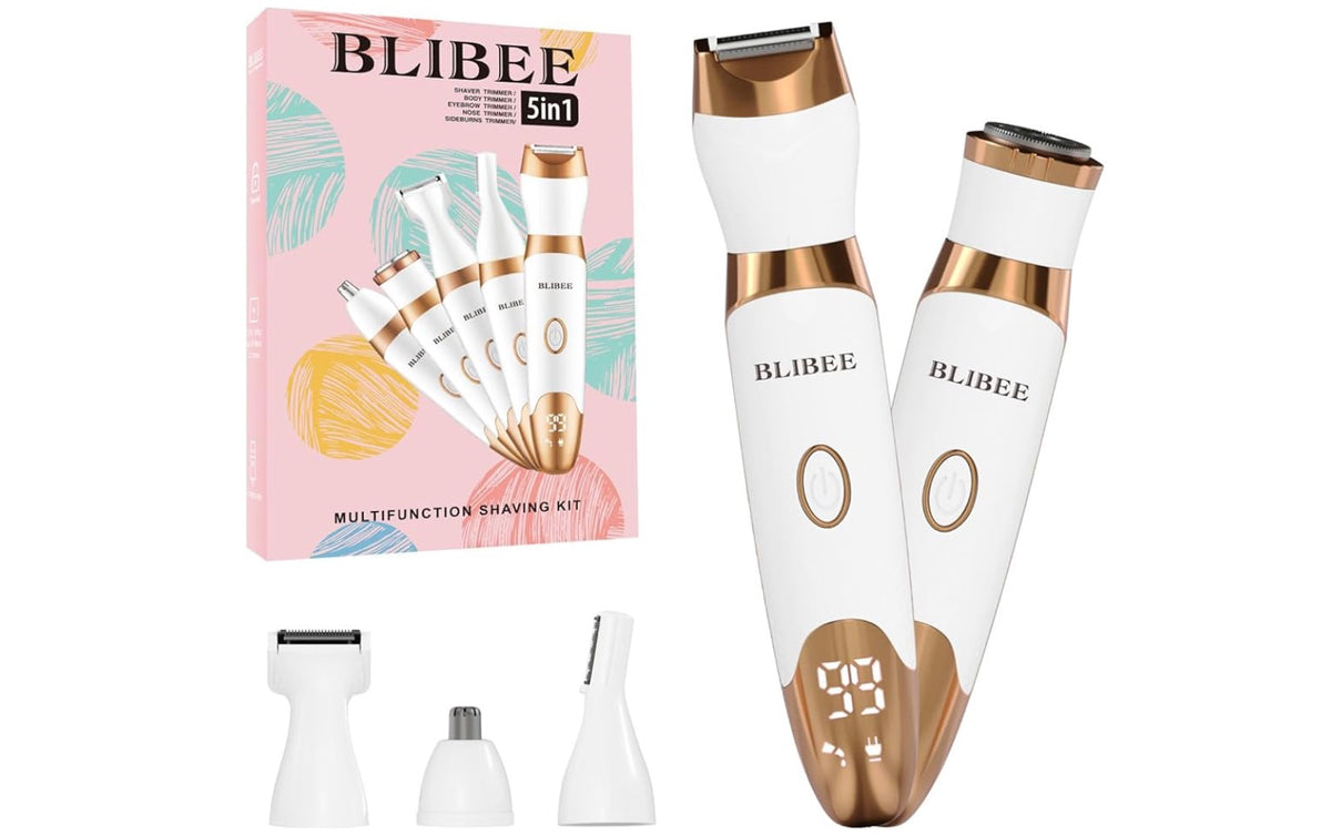 Bikini Trimmer for Women, LED Display Electric Razors for Women, 5-in-1 Electric Shaver, Rechargeable Painless Pubic Hair Trimmer for Legs, Underarms, Face & Sensitive Skin (Gold)